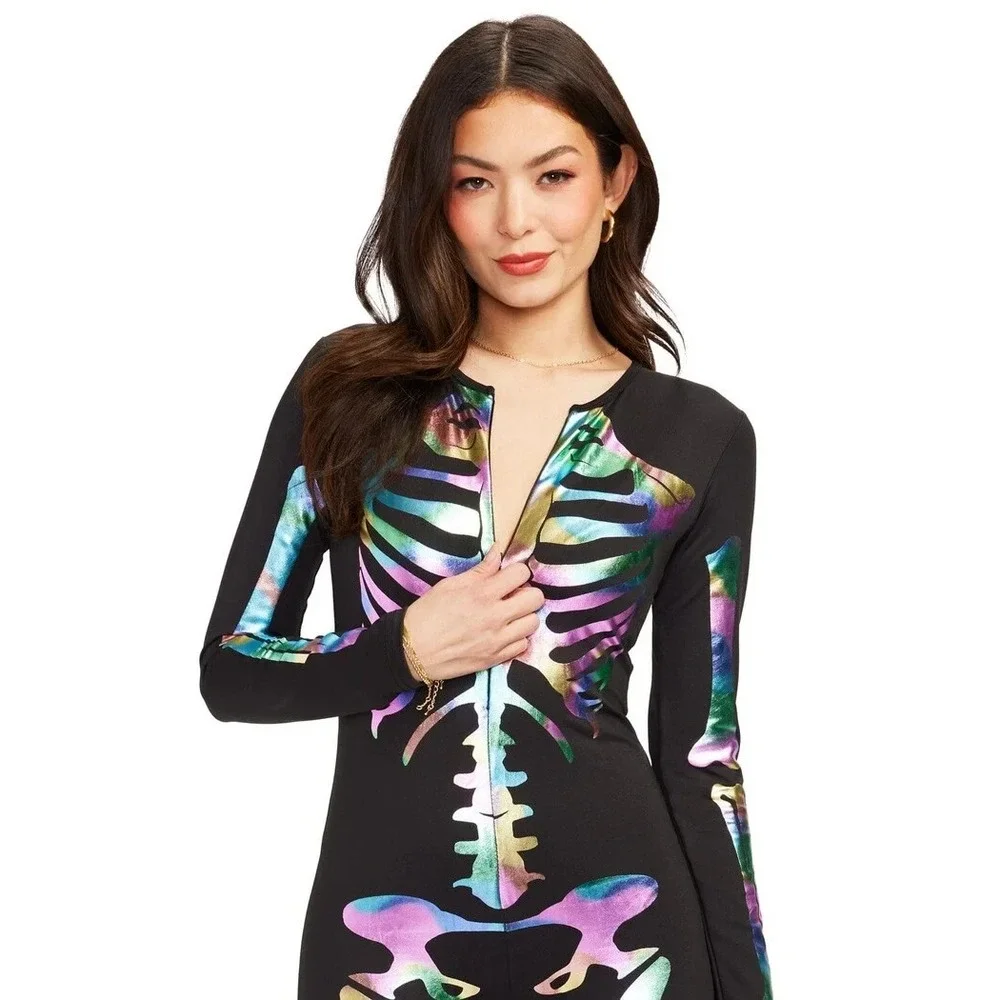 TIPSY ELVES ONE PIECE‎ ZIP UP FITTED SKELETON JUMPSUIT Women's XS IREDESCENT